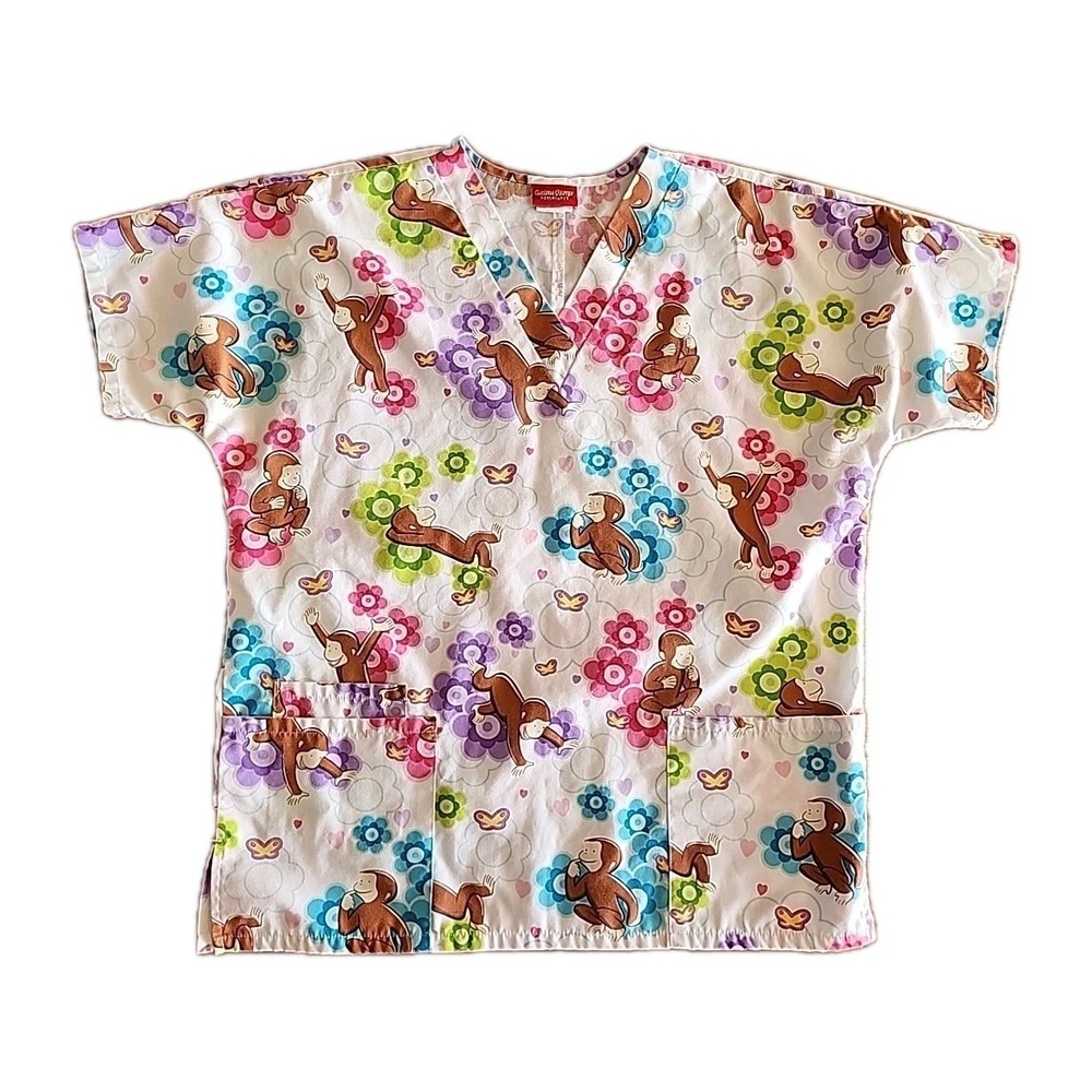 PRECIOUS Curious George Poly/Cotton Scrub Top XL? 46 inch Bust Pink White Brown